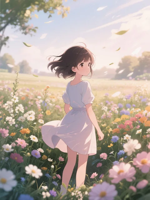 花畑で振り向く、風と光、やさしい色合い - 花咲く風景