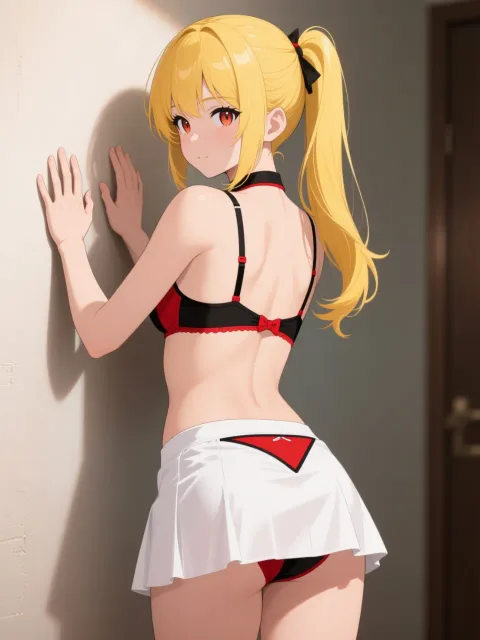 黄色髪サイドテールの少女が上半身は赤黒配色のブラジャーで両手…