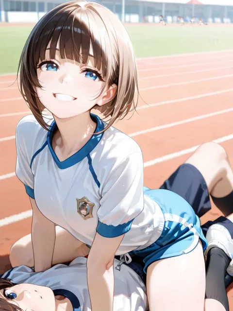 体育祭、体操服、黒い靴下、短パン、青い瞳、ショートボブ