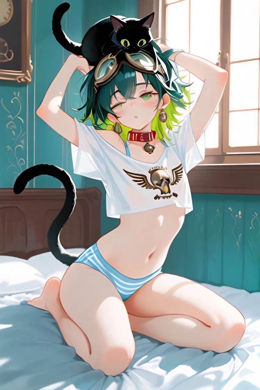 朝はやっぱり眠いです…パンク娘と黒ニャンコ…緑