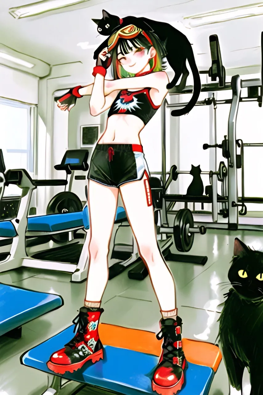 スポーツジムにやってきた…パンク娘と黒ニャンコ…緑