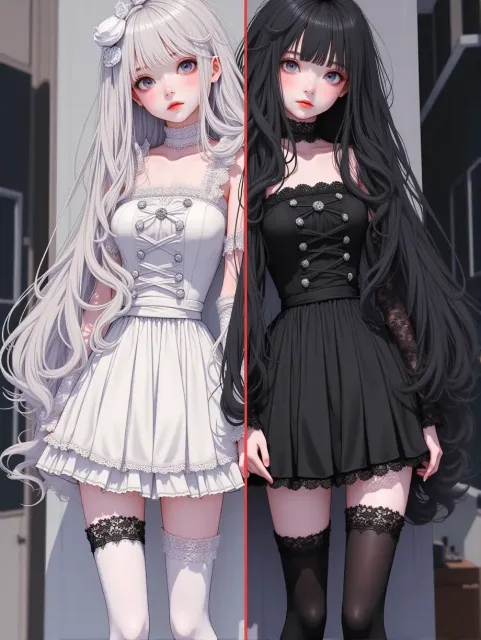 昼と夜、白と黒で分かれた部屋、上半身 - 昼 vs 夜