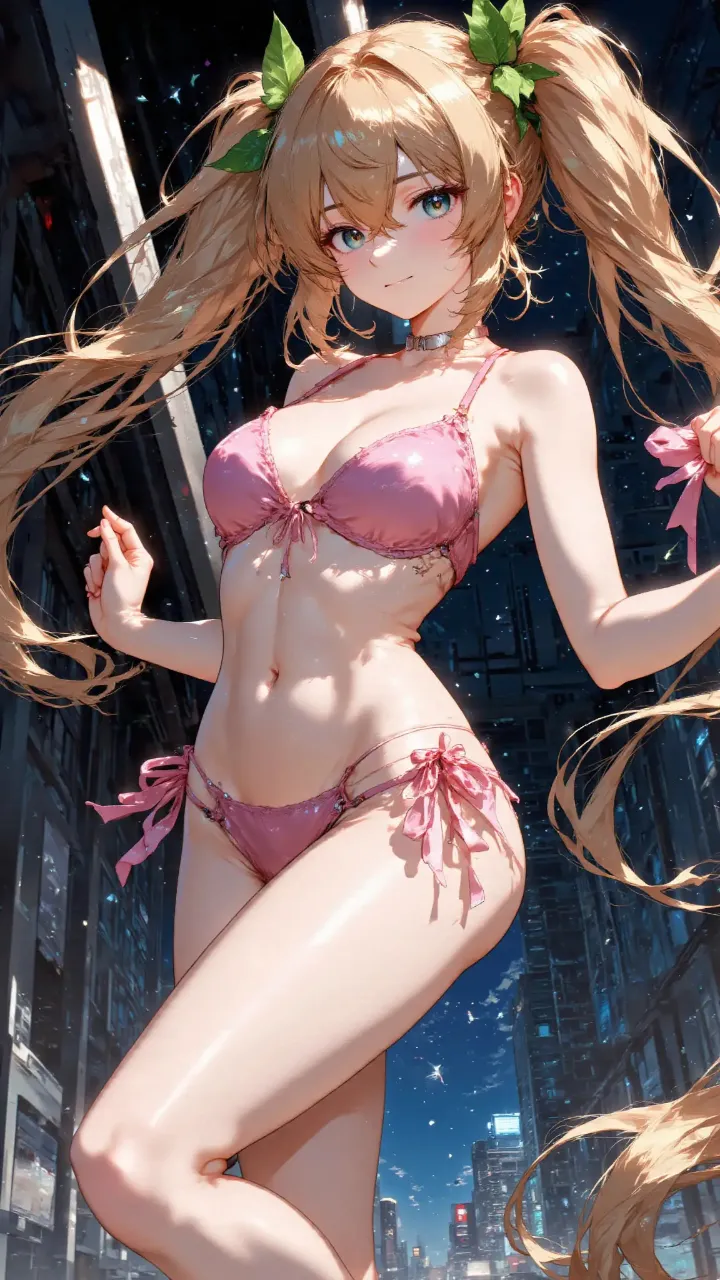 ポールダンスをする成年女性、しなやかに舞う妖艶、ピンク髪のツインテール、翠の瞳、ドキッとする視線、ダイナ