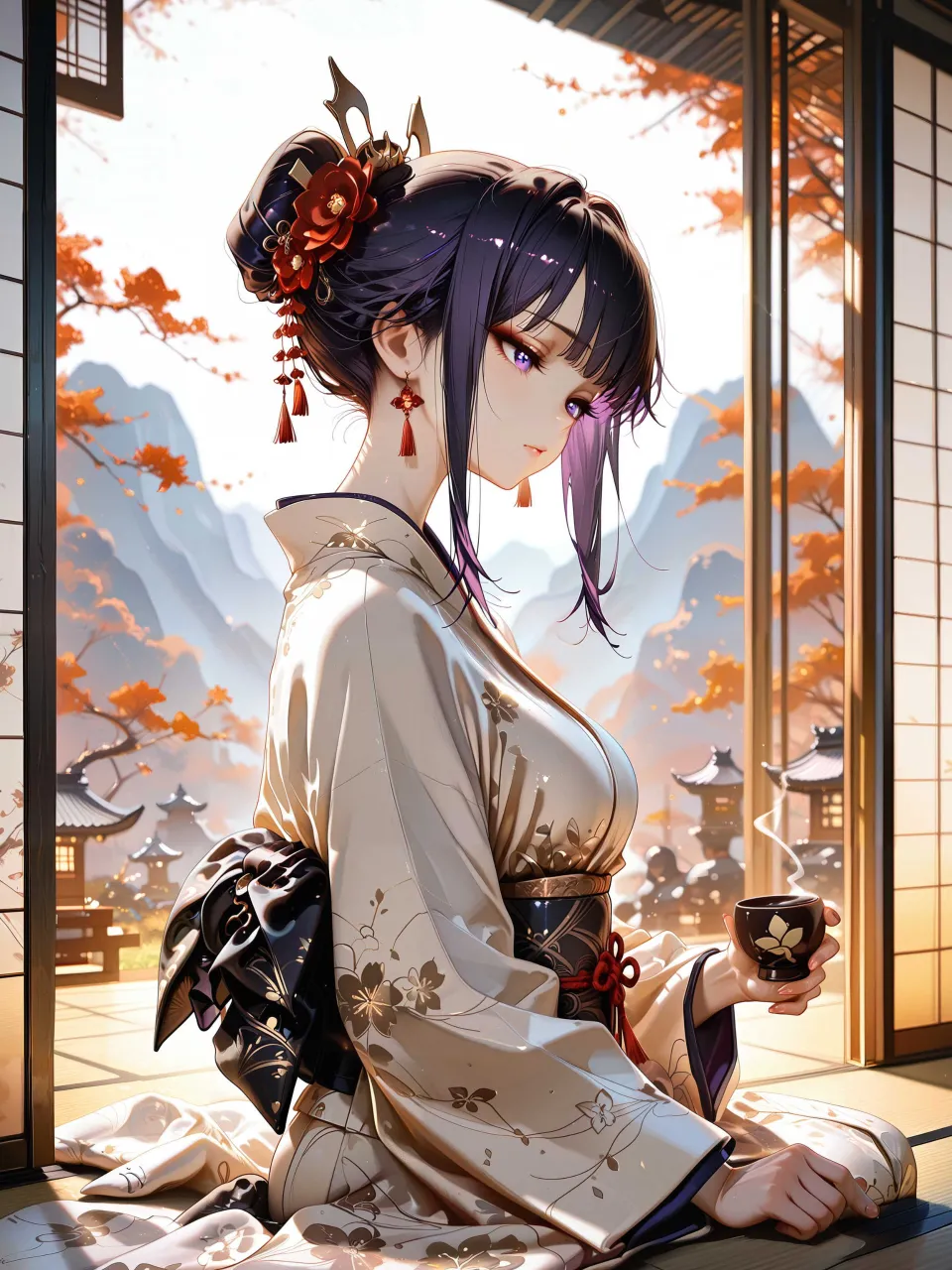 姿見　和風 きちんと襟を合わせ帯を締めた薄物の和装の色っぽい極美少女