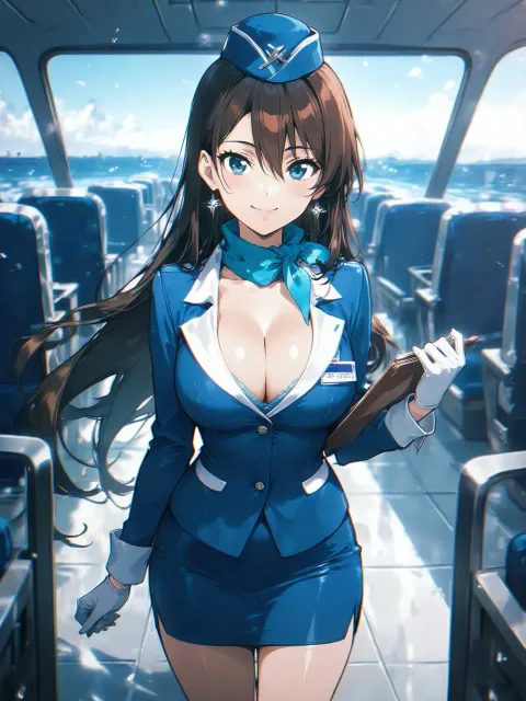 スチュワーデスの美女、タイトな制服、スカーフ、艶やかな笑顔