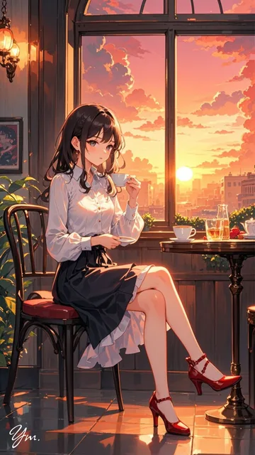 夕暮れ時、アンティークな雰囲気に包まれた喫茶店の中