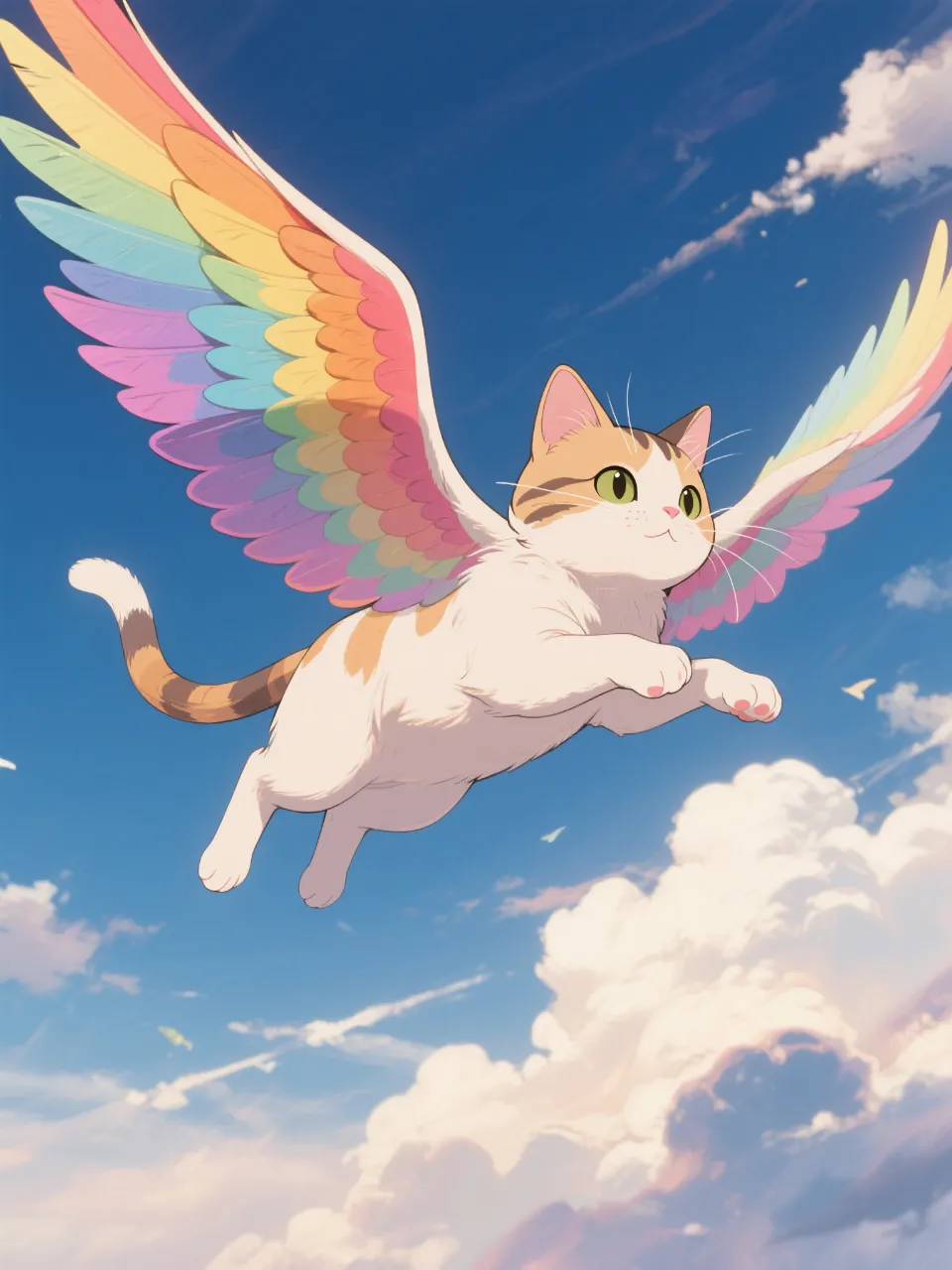 虹色の翼で空を飛ぶ猫