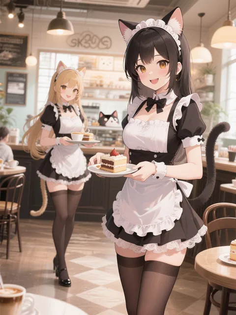 カフェには魅力的な猫耳メイドたちがいます、笑顔で客を迎えます