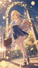 ライトアップされた公園を歩く少女