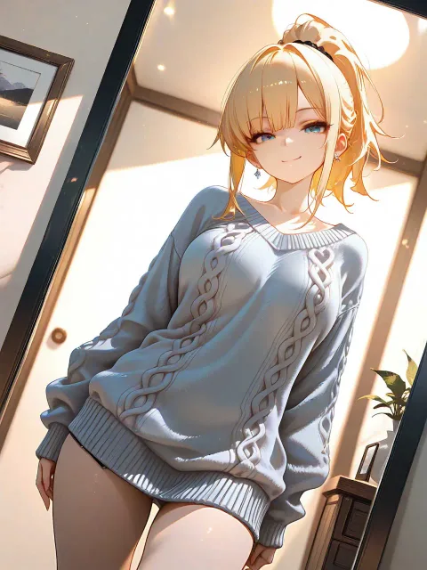 豊満な胸の成人女性、首まで詰まったニットをきちんと着ている