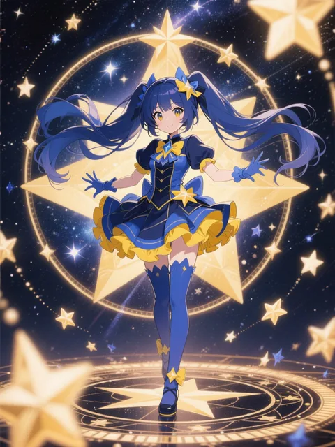 星が舞うなかで魔法陣で変身している星空魔法少女 星空…