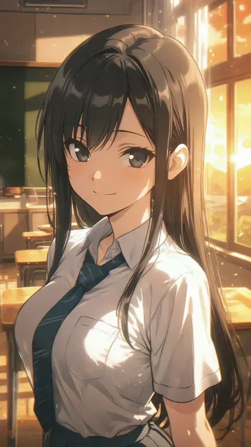 制服の美少女、放課後の教室、夕焼けの教室、夏の放課後