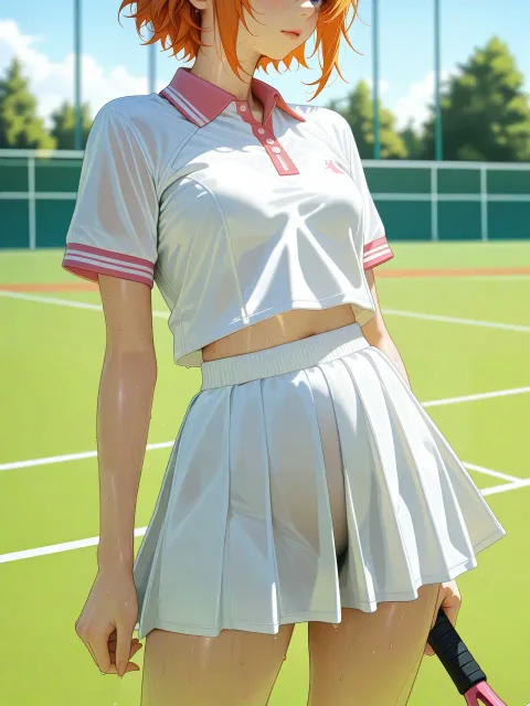 天気のいい夏の女子校のテニスコート、汗でシャツが透けてる