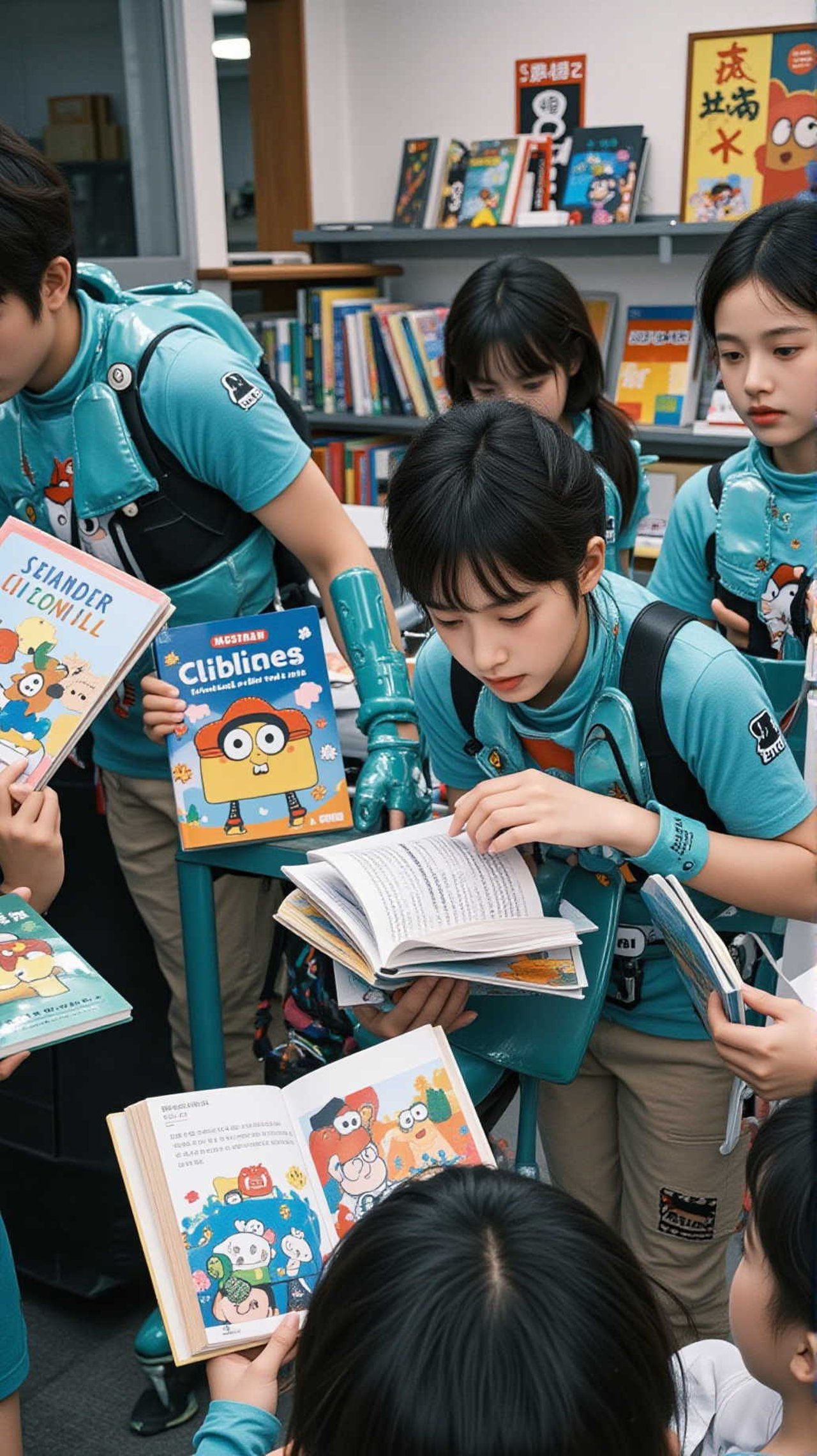 Anime Punk Cyber Librarian Book Cart Picture Books Kid Warm