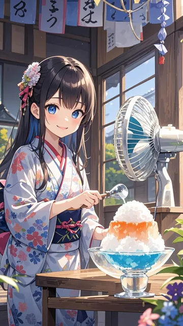黒髪ロング娘💕大盛りかき氷🍧💕