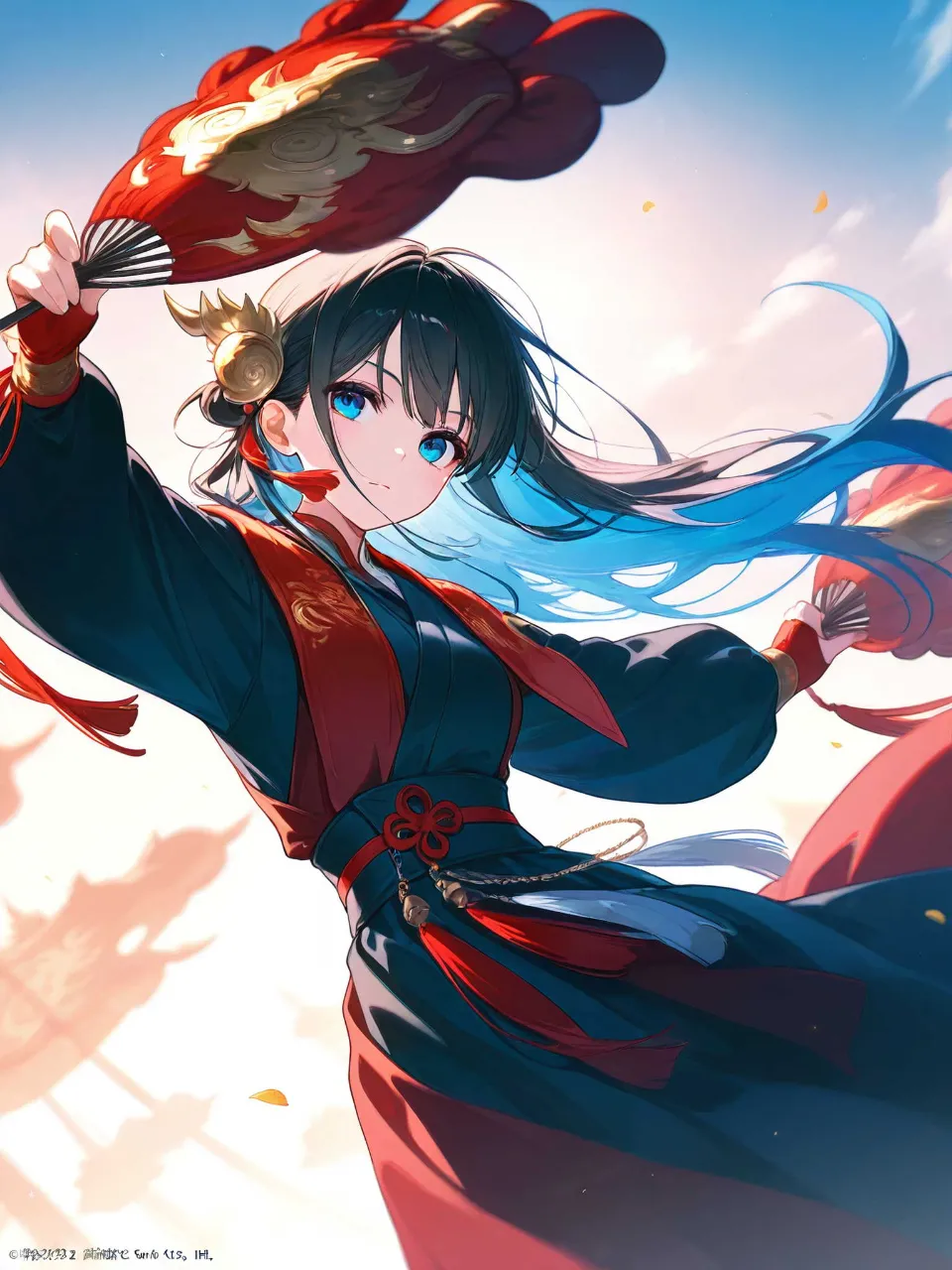 団扇を持ち空を飛ぶ女性 — かあかあさんのAIイラスト