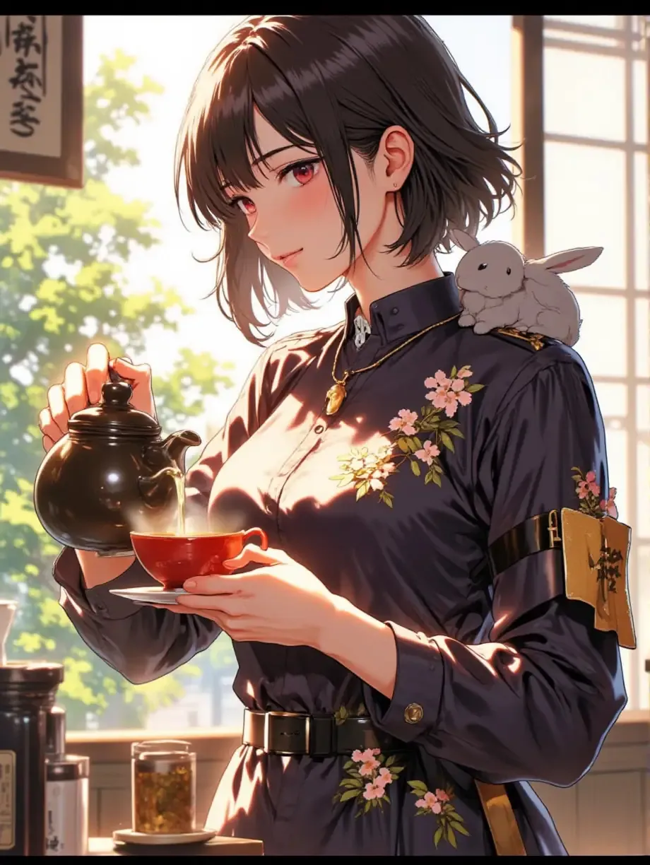 お茶を入れている執事な紅夜さんと子うさぎ