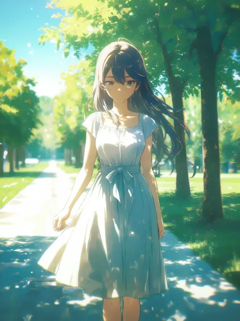 木漏れ日の差す並木道、ゆれる光と影、夏の散歩、強い風
