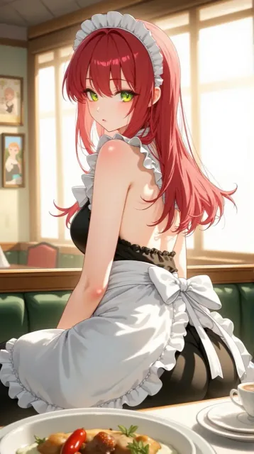 素肌の上に白いエプロンを着けたスピーカーメイドカフェ