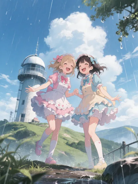 夕立のあと、雨上がり、丘の上の展望台、仲良く笑い合う - ふたりきり