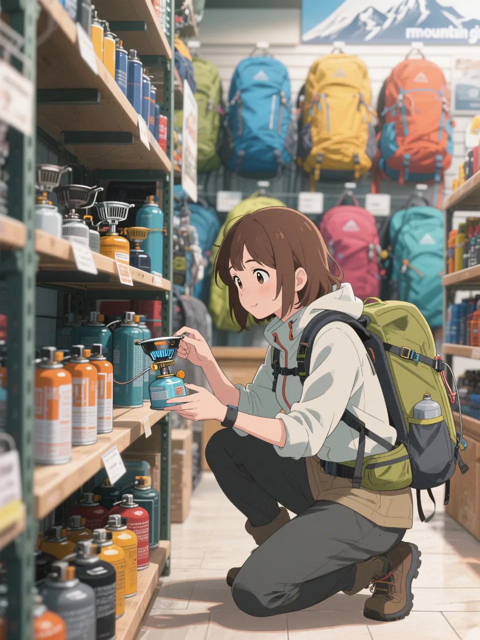 登山具専門店で掘り出し物を見つけた山ガール — 翔太郎さんのAIイラスト