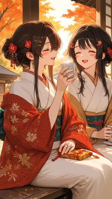 秋の連休、友達と古民家に泊まる女性二人、縁側でお茶を飲みながら笑っている、木造の日本家屋、庭の秋草、暖かな午後の光、居心…