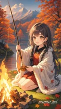 ブランケットにくるまって釣り糸を垂らしている可愛い女の子