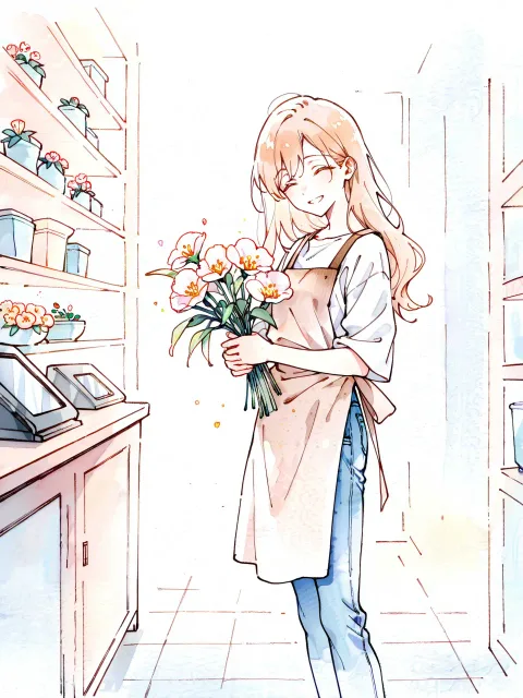 花屋のお店、花屋の広い店内、棚や床に沢山の花が並んでる店内