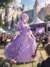 ラベンダー色のロココドレスでフランスの古城で開催される音楽祭に参加する女性