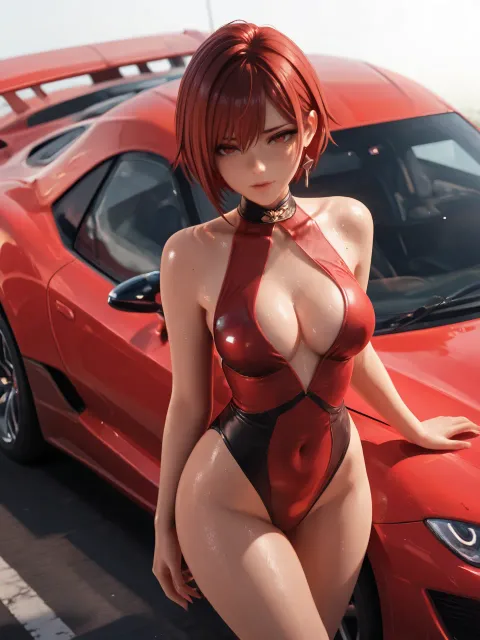 スーパーカーの成年女性、真紅の車体に寄り添う、斜めの構図