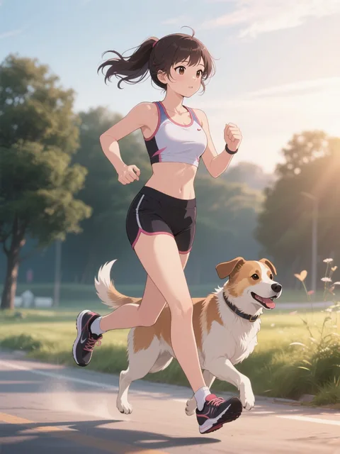 朝に犬と一緒にランニングする美少女 トレーニングウェア