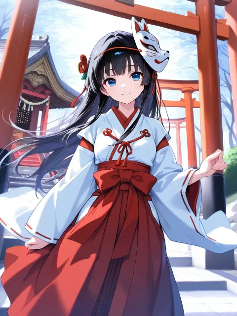 神楽のお面、黒髪ロングヘア、巫女の美少女、神社の境内 - 神楽の面