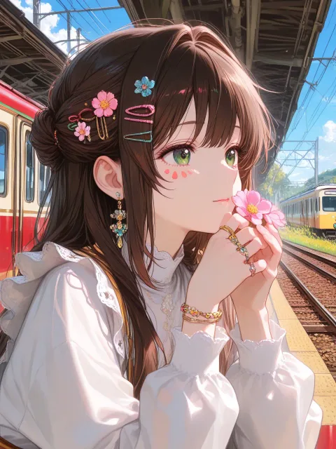 秋のローカル線、コスモス畑の中を走る小さな電車、線路沿いで電車を眺める少女、風に揺れるピンクのコスモス、青空、秋の午後、…