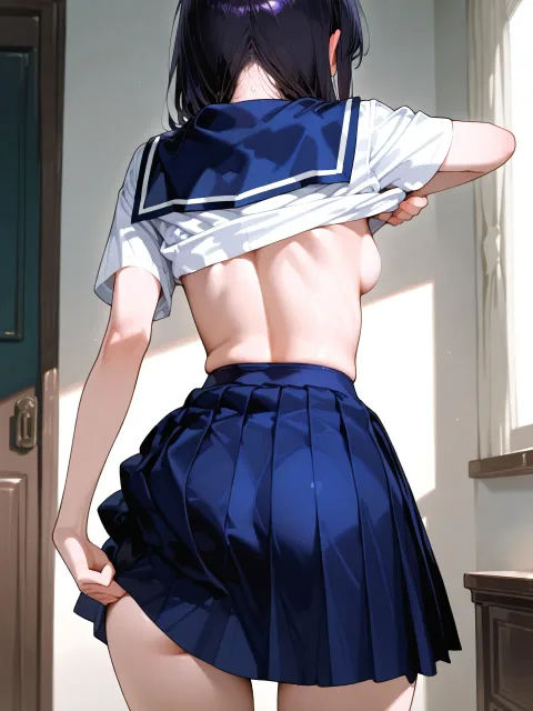 着替え途中、セーラー服、スカートに手をかける、清楚系 - 更衣室