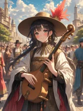 城下町で弾き語りをする吟遊詩人の女性
