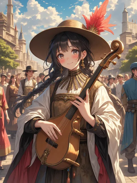 城下町で弾き語りをする吟遊詩人の女性
