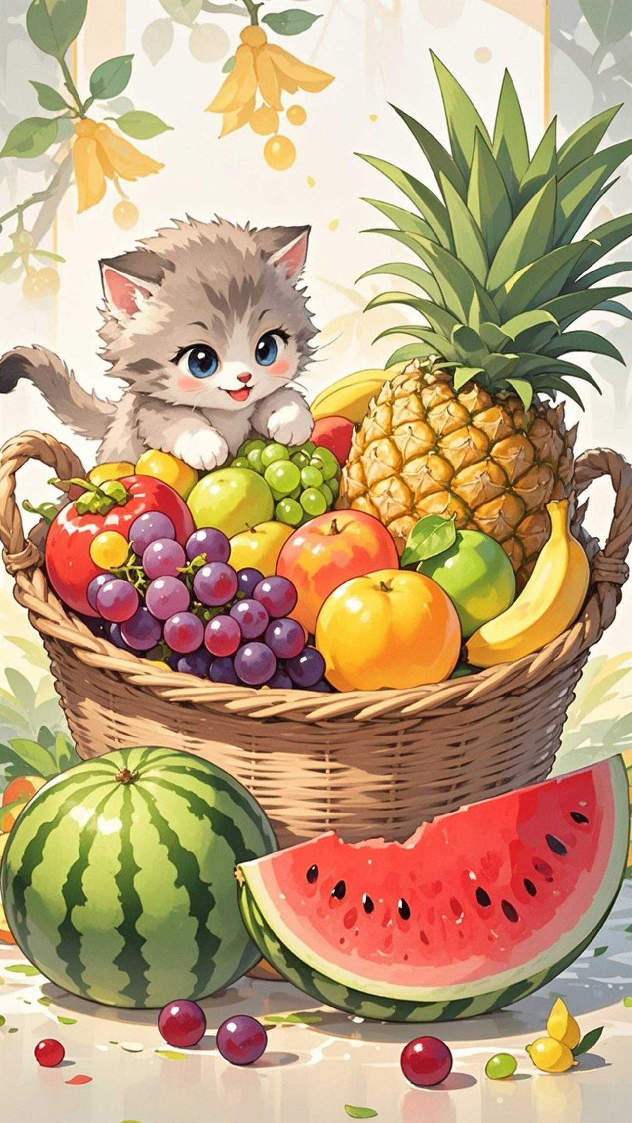 子猫とフルーツバスケット — SUPP66695834さんのAIイラスト