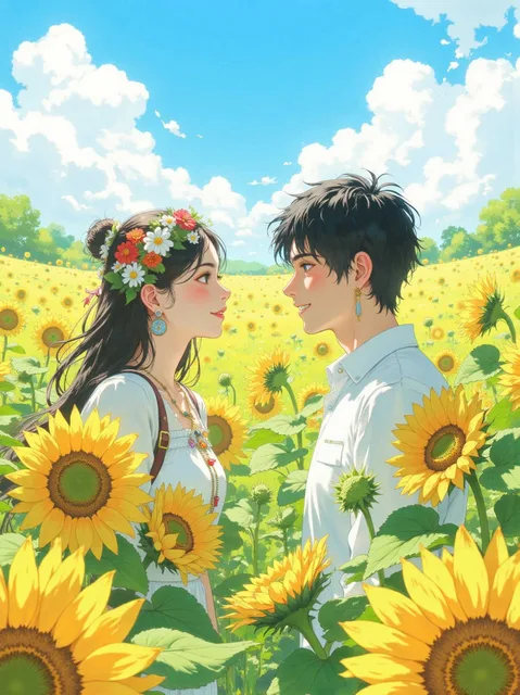 初夏の初恋ひまわり畑の前で向き合う男女 - 画像生成チャレンジ