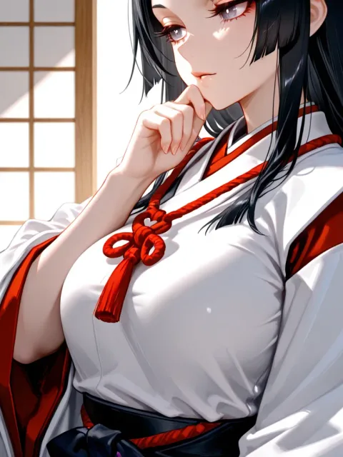 黒い立烏帽子をかぶり顎で紐を結んだ色っぽい女性陰陽師