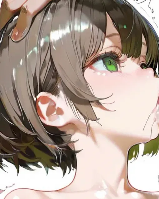Brown short hair、green eyes