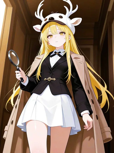 黄色い髪の探偵、女の子、黄色い瞳、黒縁の虫眼鏡を持ってる