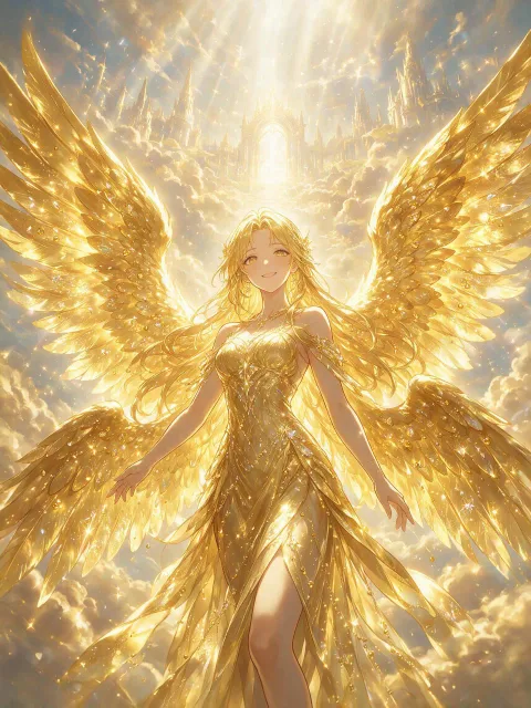 一人の異世界の女神、神々しい成年女性、輝く光の翼と黄金の装飾