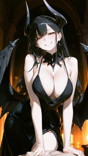黒い翼の悪魔、ドレス姿の色っぽい成年女性、光と闇の境