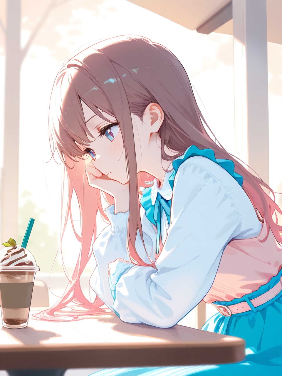 可愛い少女がカフェでゆっくり過ごす。