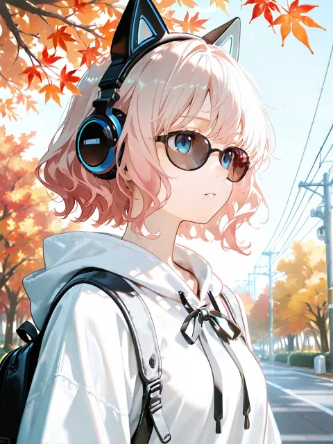 アニメ美少女、ふんわり系、ピンクウェーブヘア、黒色リボン