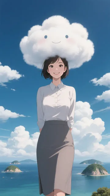きちんとした服装、ふわふわの雲の擬人化の成年女性
