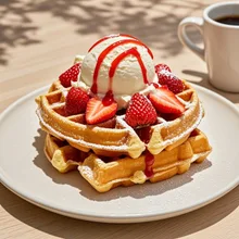 アイスと苺のワッフル