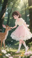 春の森で寄り添う少女とバンビ