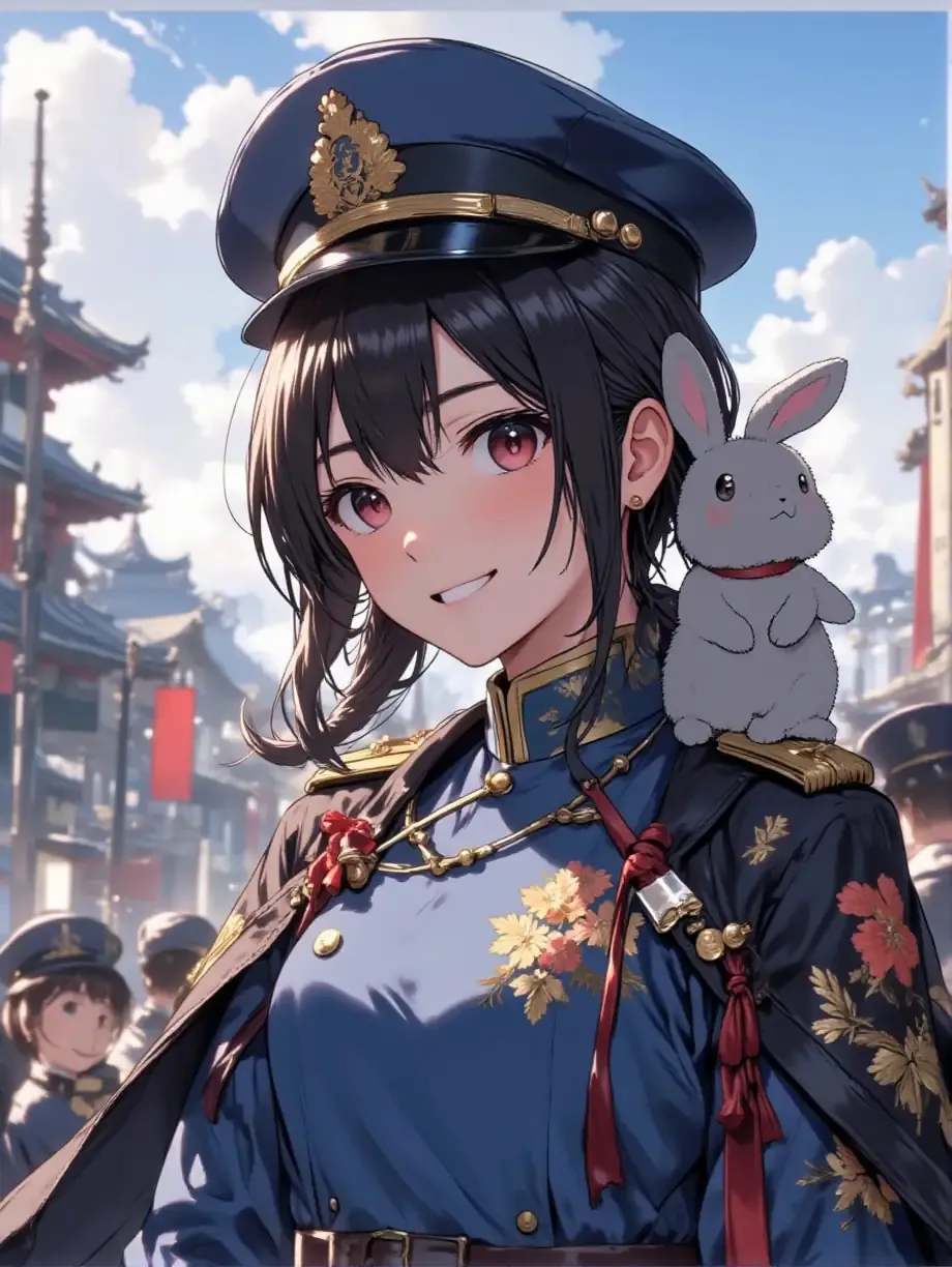 軍服を着た紅夜さんと子うさぎ