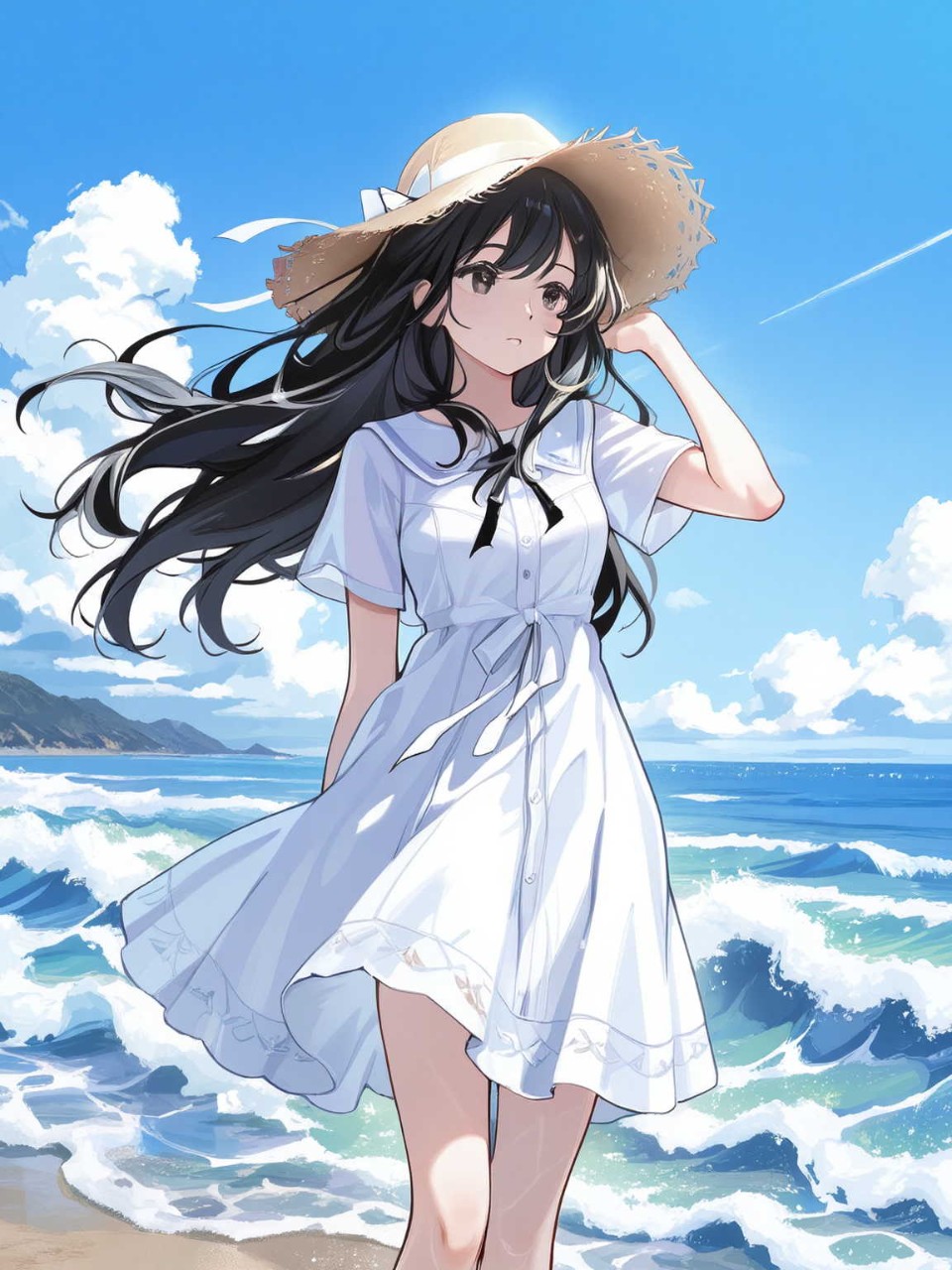 風を感じながらロングヘアーを風に靡かせ海辺の流れる景色を楽しむ美少女高校生♡♡♪ — 香風さんのAIイラスト